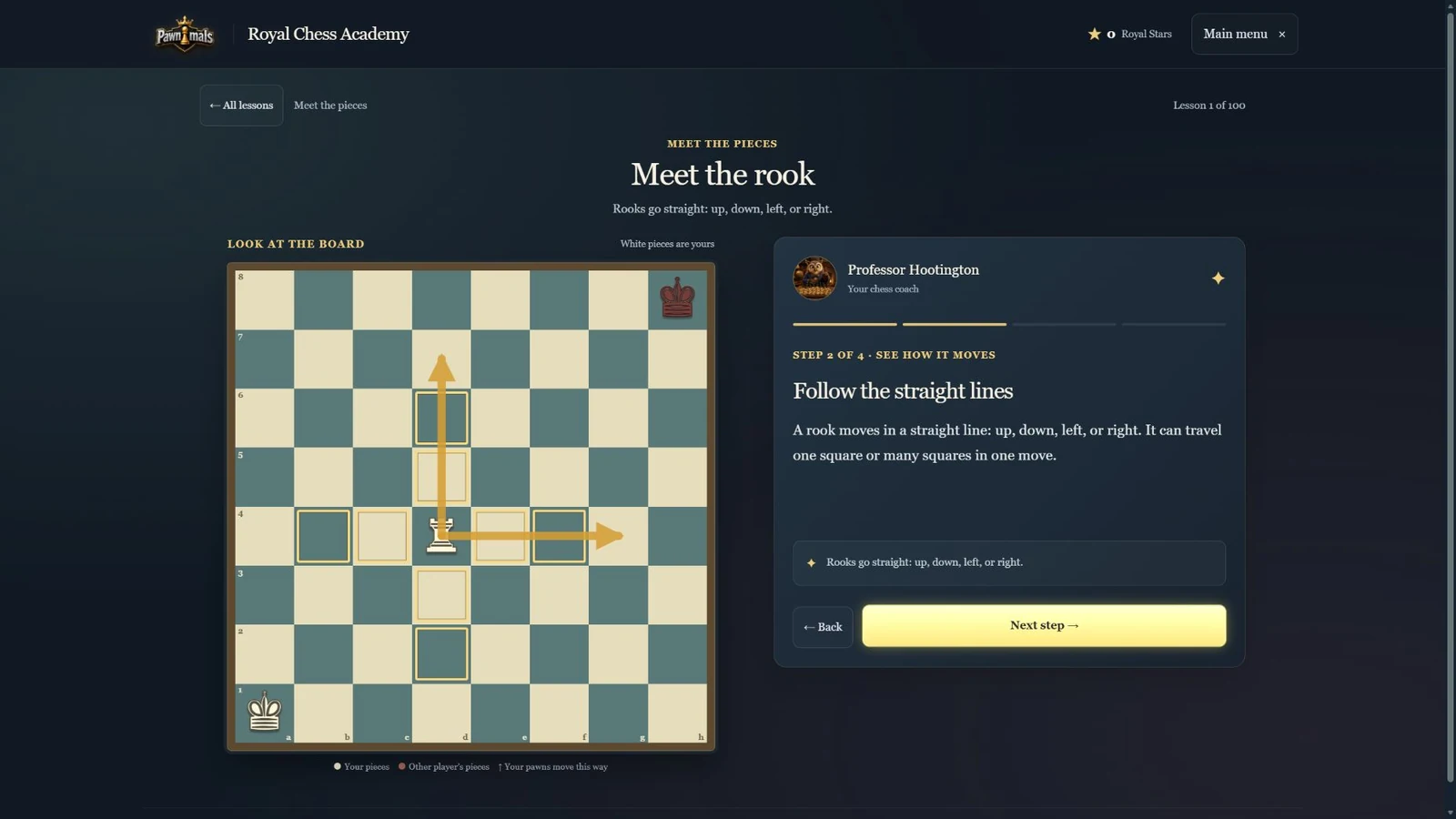 A guided rook lesson in the Royal Chess Academy.